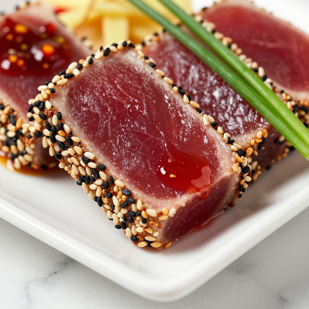 Seared ahi tuna steaks in skillet