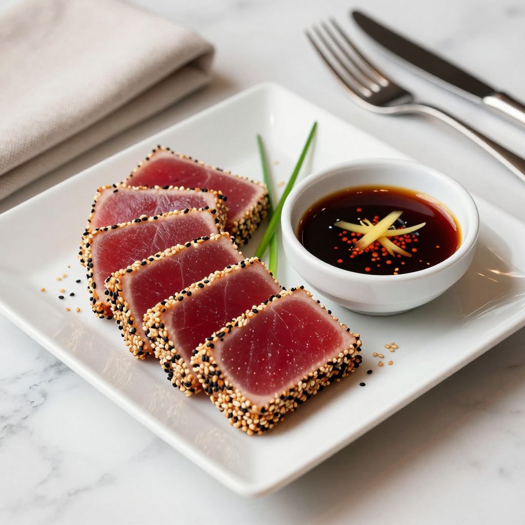 Sliced sesame crusted ahi tuna on plate