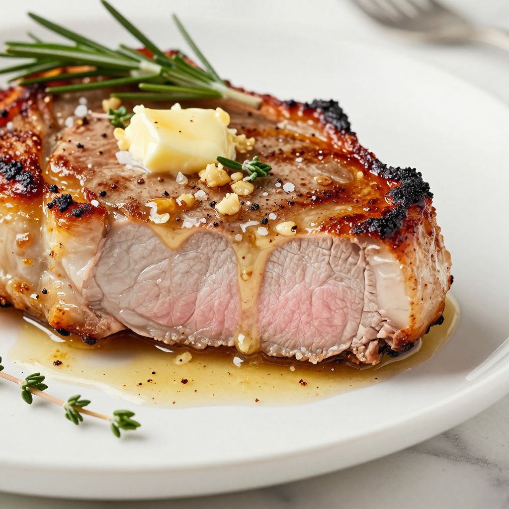 Golden baked pork chops in a skillet