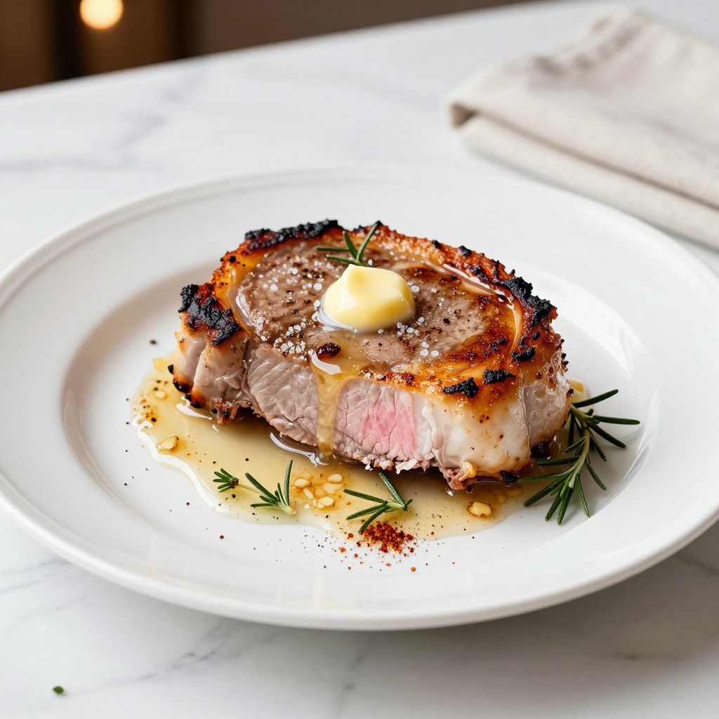 Plated baked pork chops with herbs