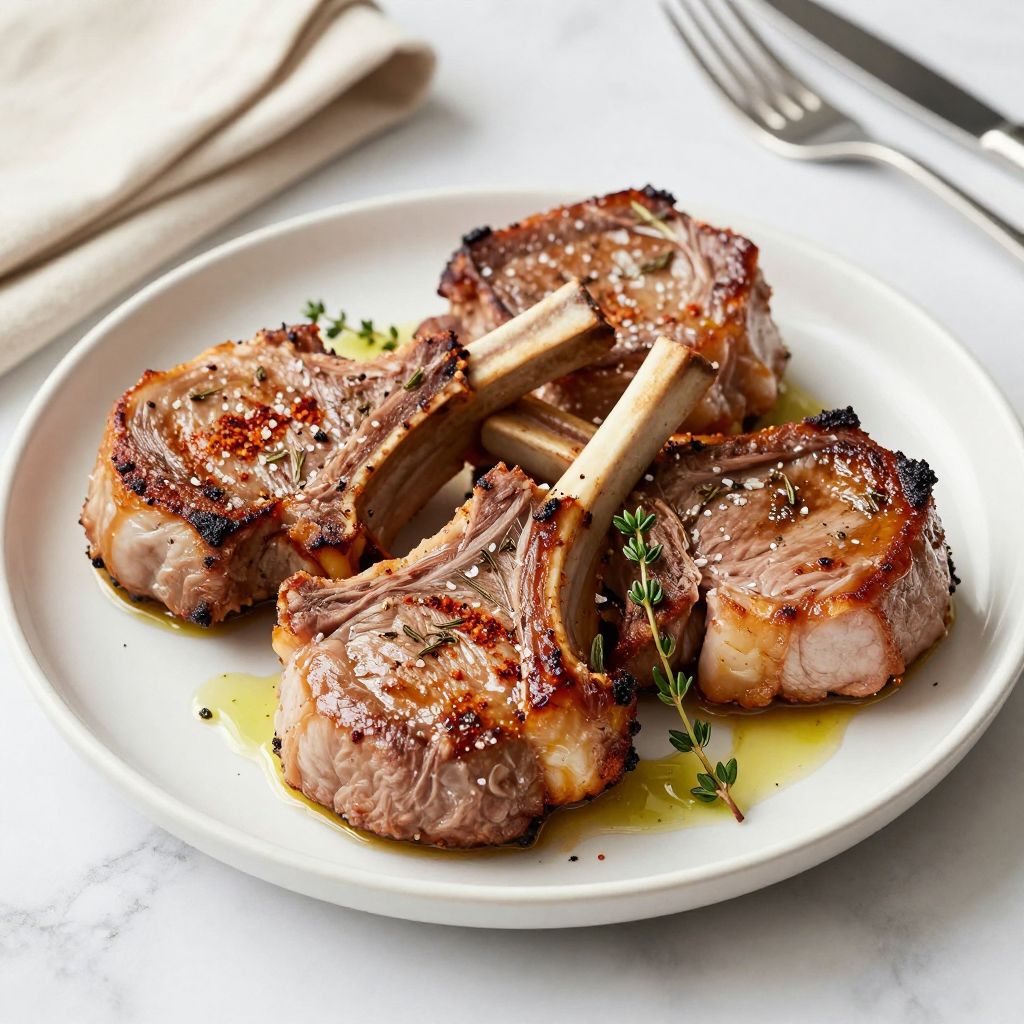 Baked pork chops served on plate