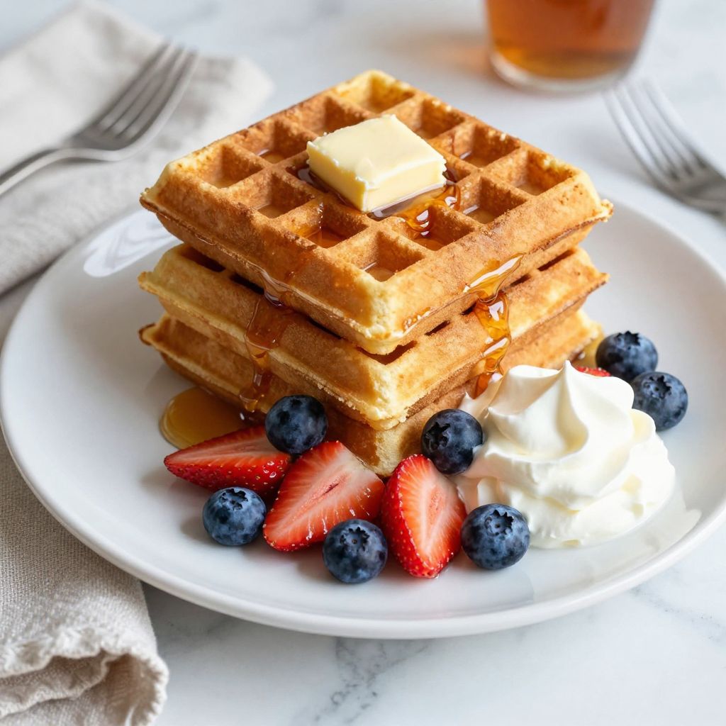 Stack of Bisquick waffles with toppings