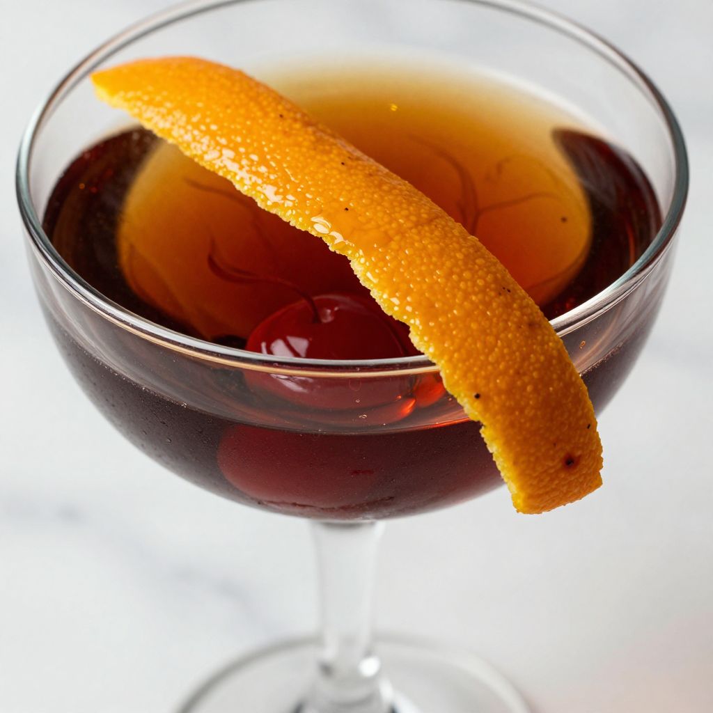 Black Manhattan cocktail in mixing glass