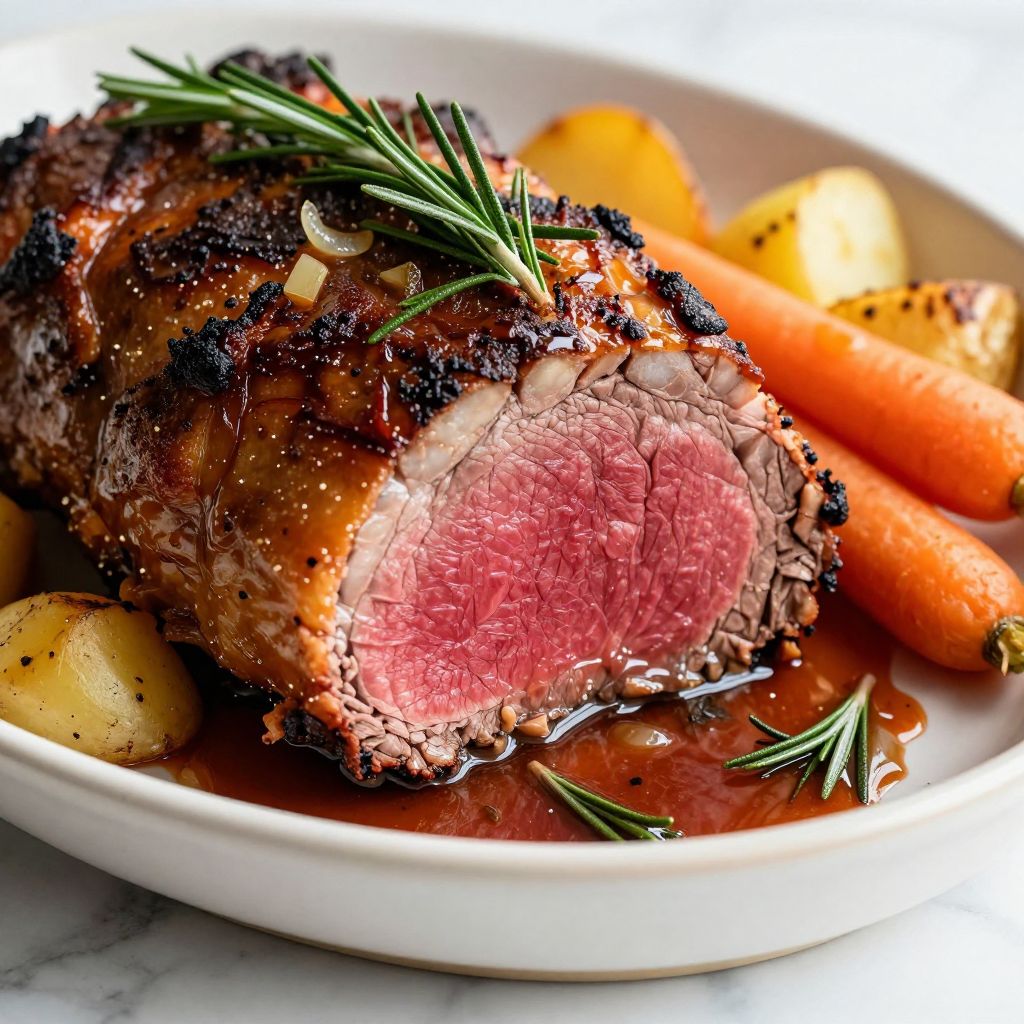 Bottom round roast sliced and served with vegetables