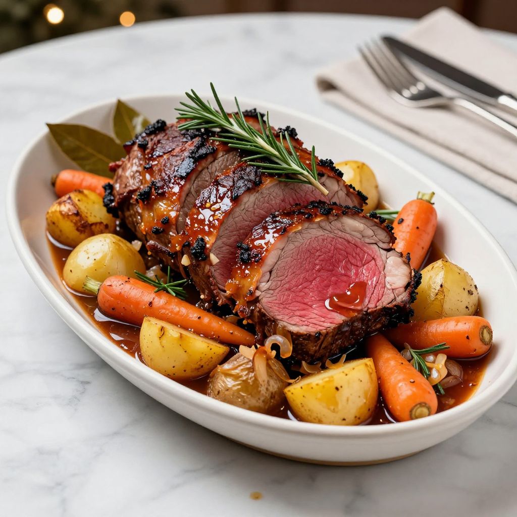 Bottom round roast plated with gravy