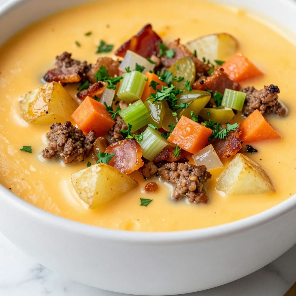 Cheeseburger soup served in bowl