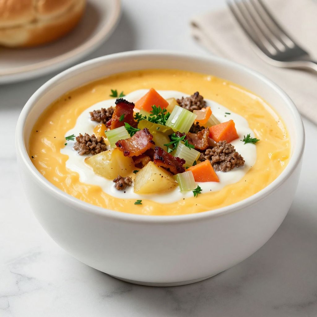 Bowl of cheeseburger soup topped with bacon