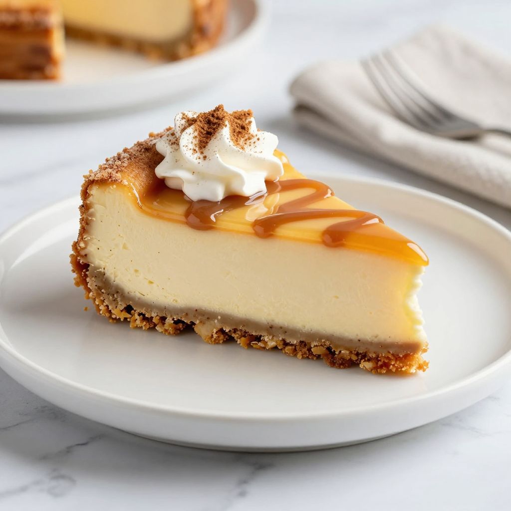 Slice of churro cheesecake on plate
