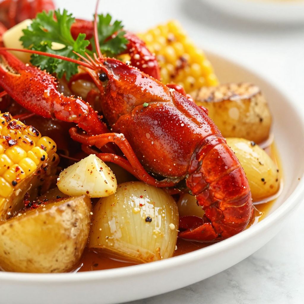 Crawfish boil in pot with corn and potatoes