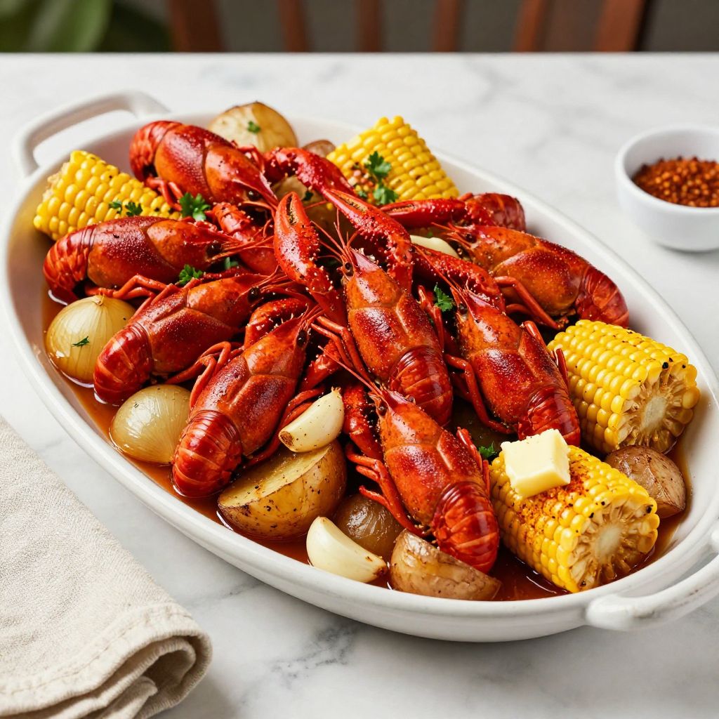 Crawfish boil served on newspaper with sides