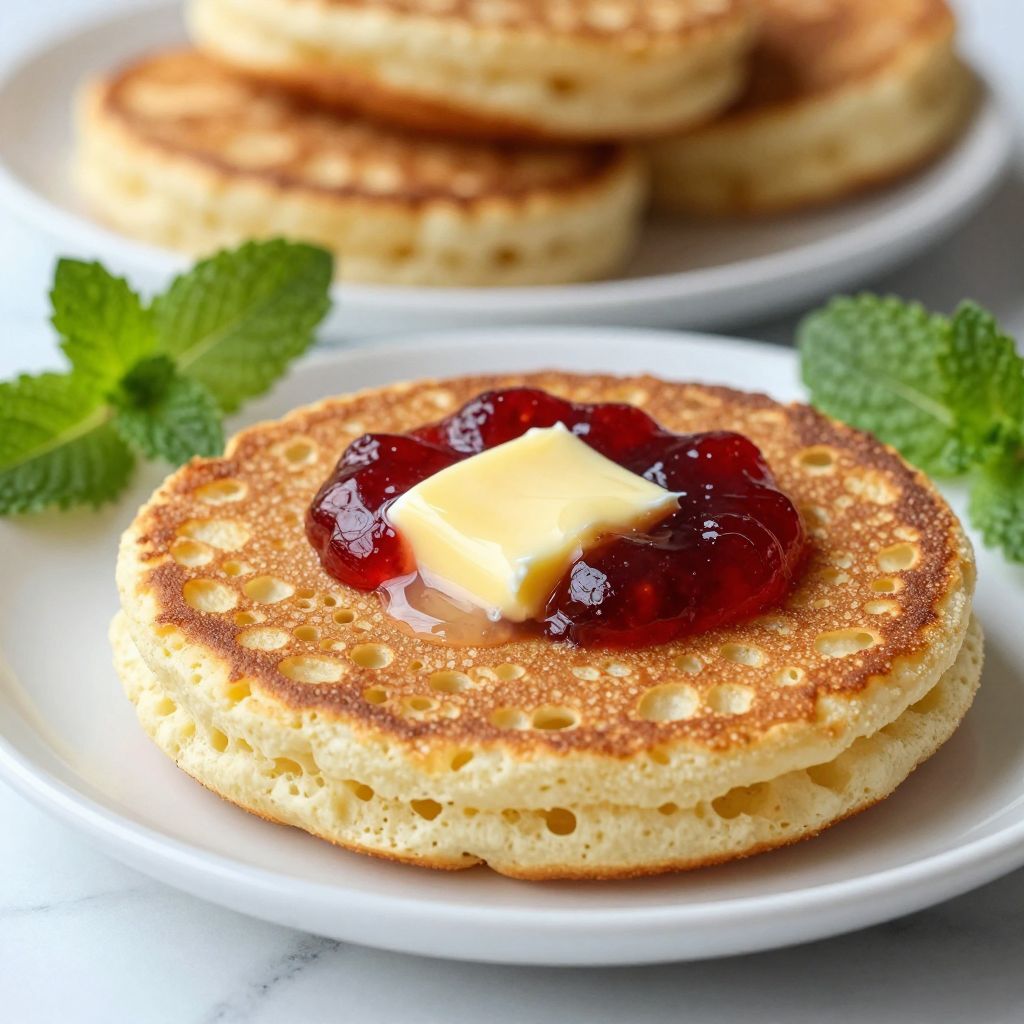 Crumpets cooking on griddle