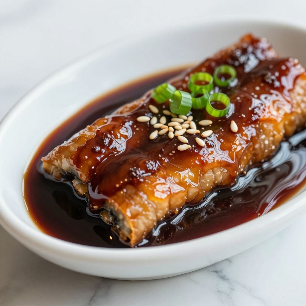 Eel sauce being poured over sushi