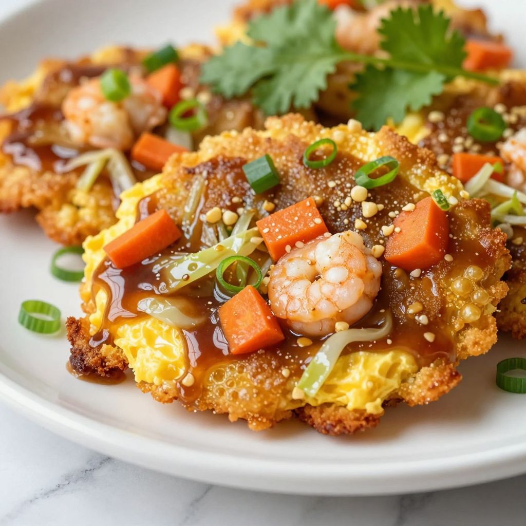Freshly cooked Egg Foo Young patties with gravy