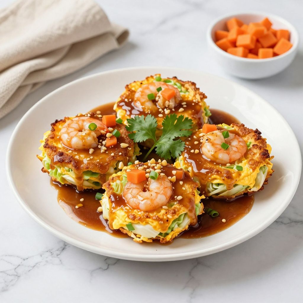 Egg Foo Young served over steamed rice