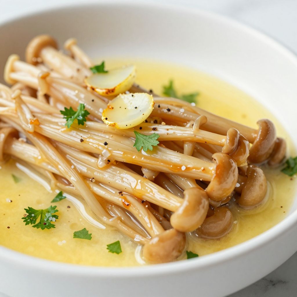 Garlic Butter Enoki Mushrooms in skillet