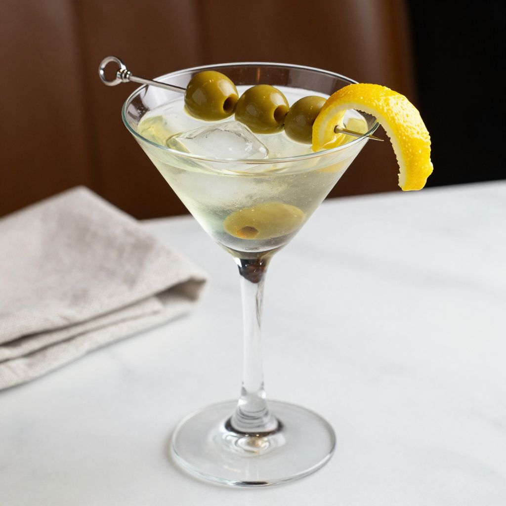 Extra Dirty Martini on table with garnish