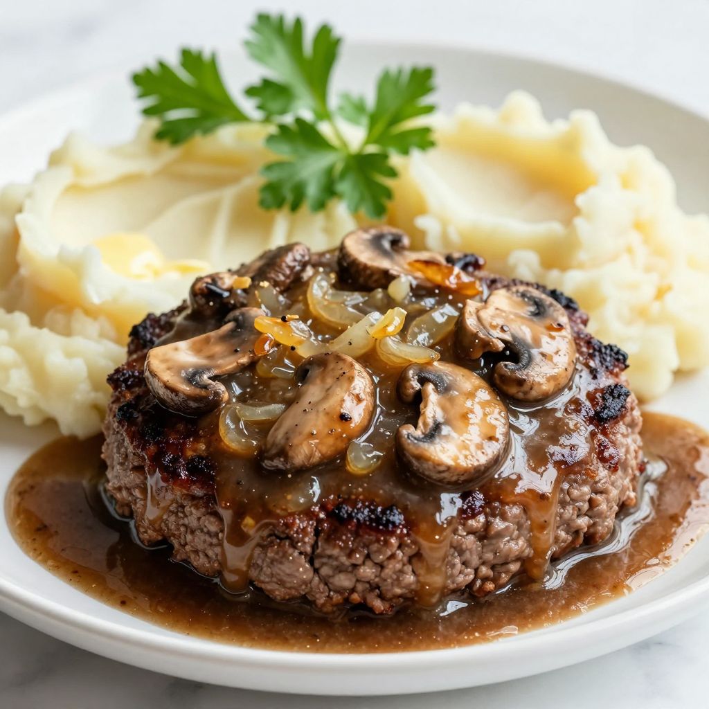 Hamburger steak with onion gravy in skillet