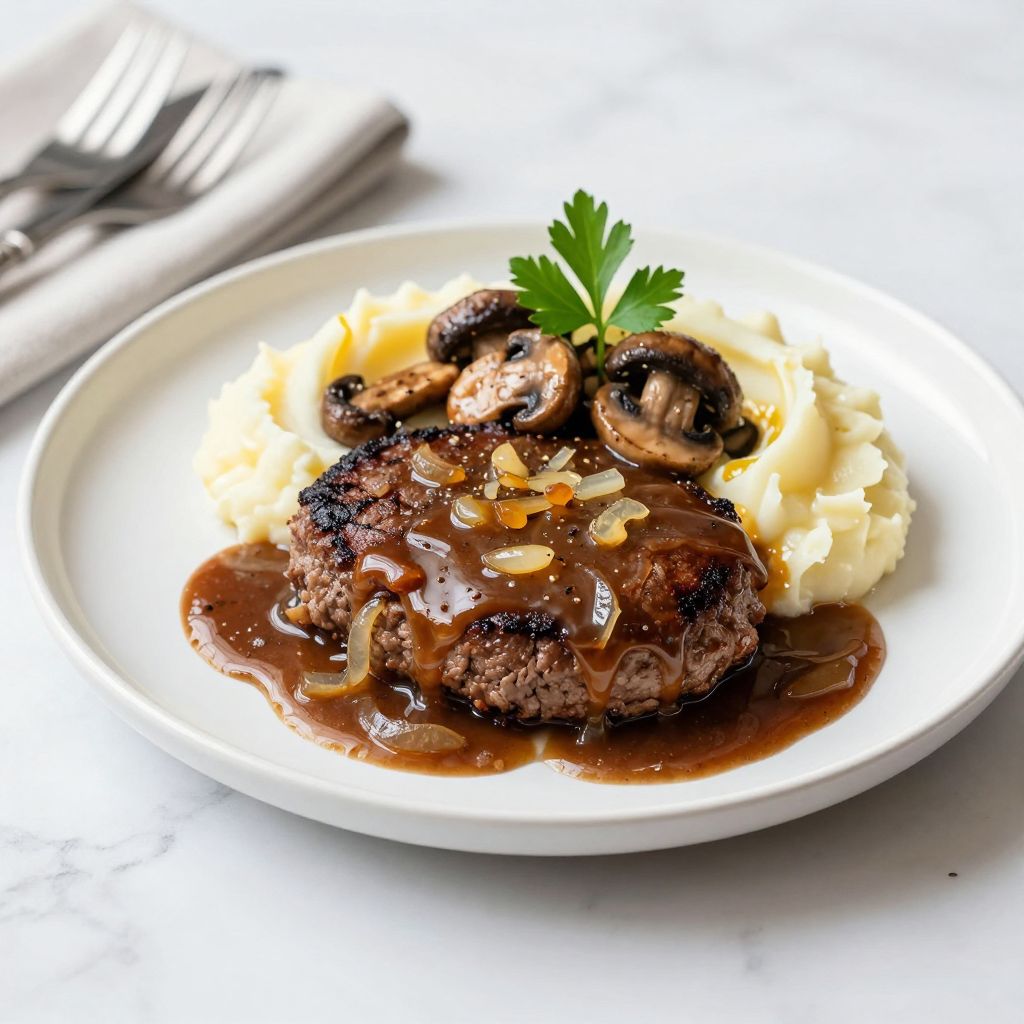 Plated hamburger steak with mashed potatoes