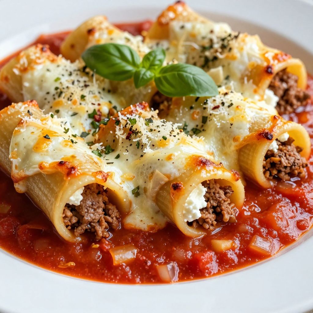 Stuffed manicotti tubes in baking dish