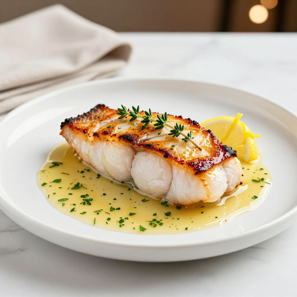 Monkfish plated with lemon and herbs