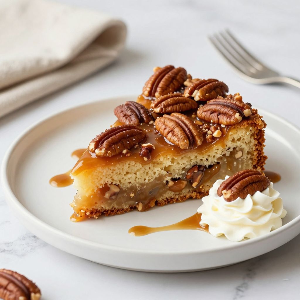 Pecan pie dump cake in baking dish