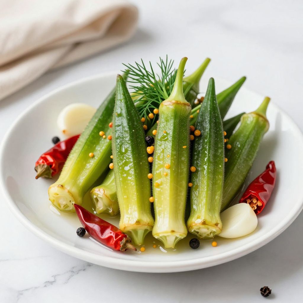 Crunchy pickled okra served in a small bowl next to jars