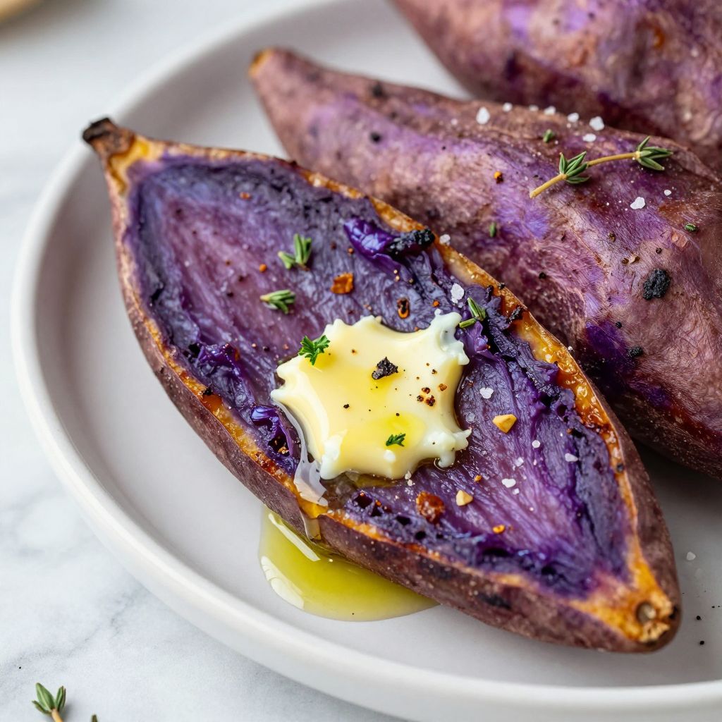 Roasted purple sweet potatoes on baking sheet