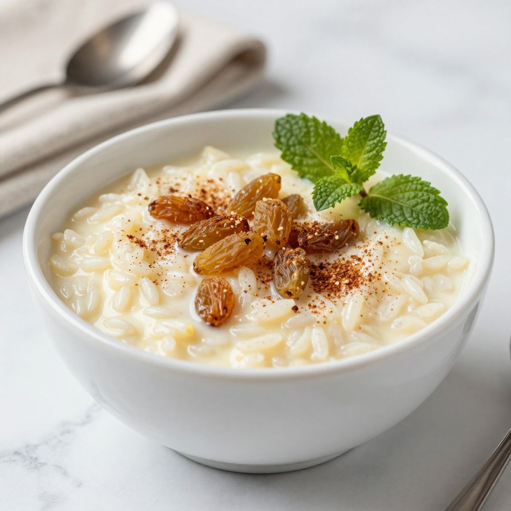 Serving of rice pudding with cinnamon