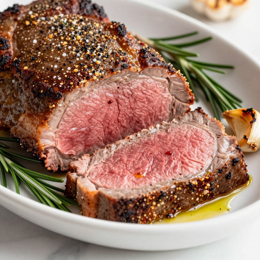 Rested sirloin tip roast sliced on a cutting board