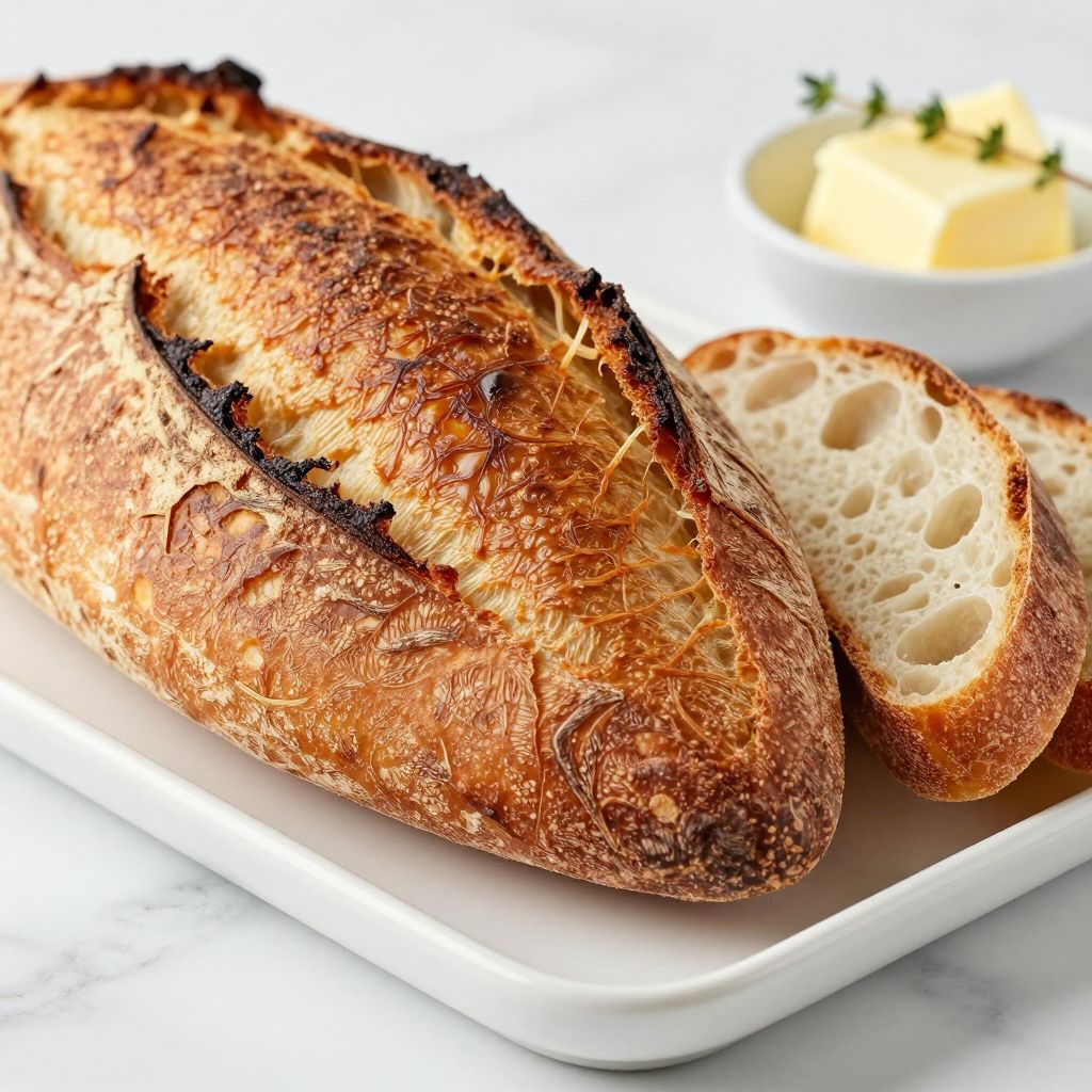 Sourdough baguette resting on rack