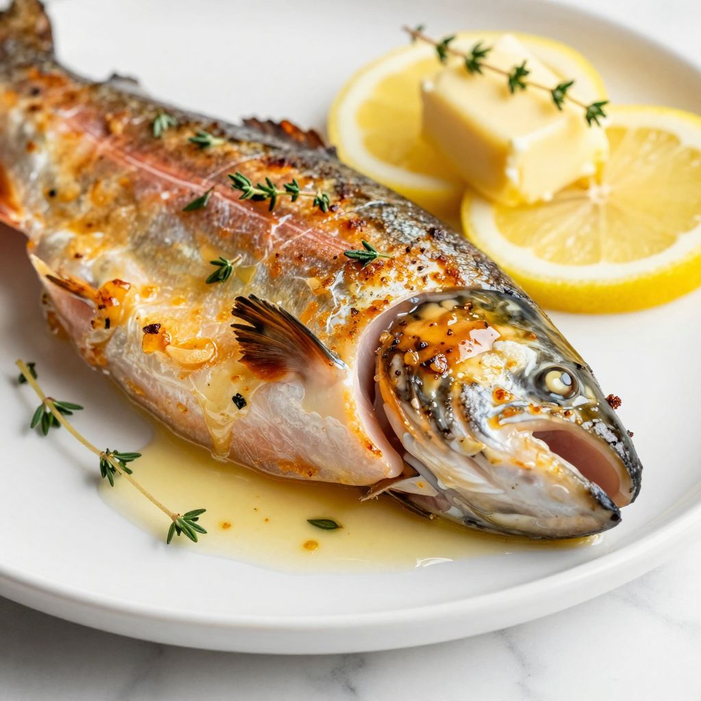 Pan-seared steelhead trout in skillet