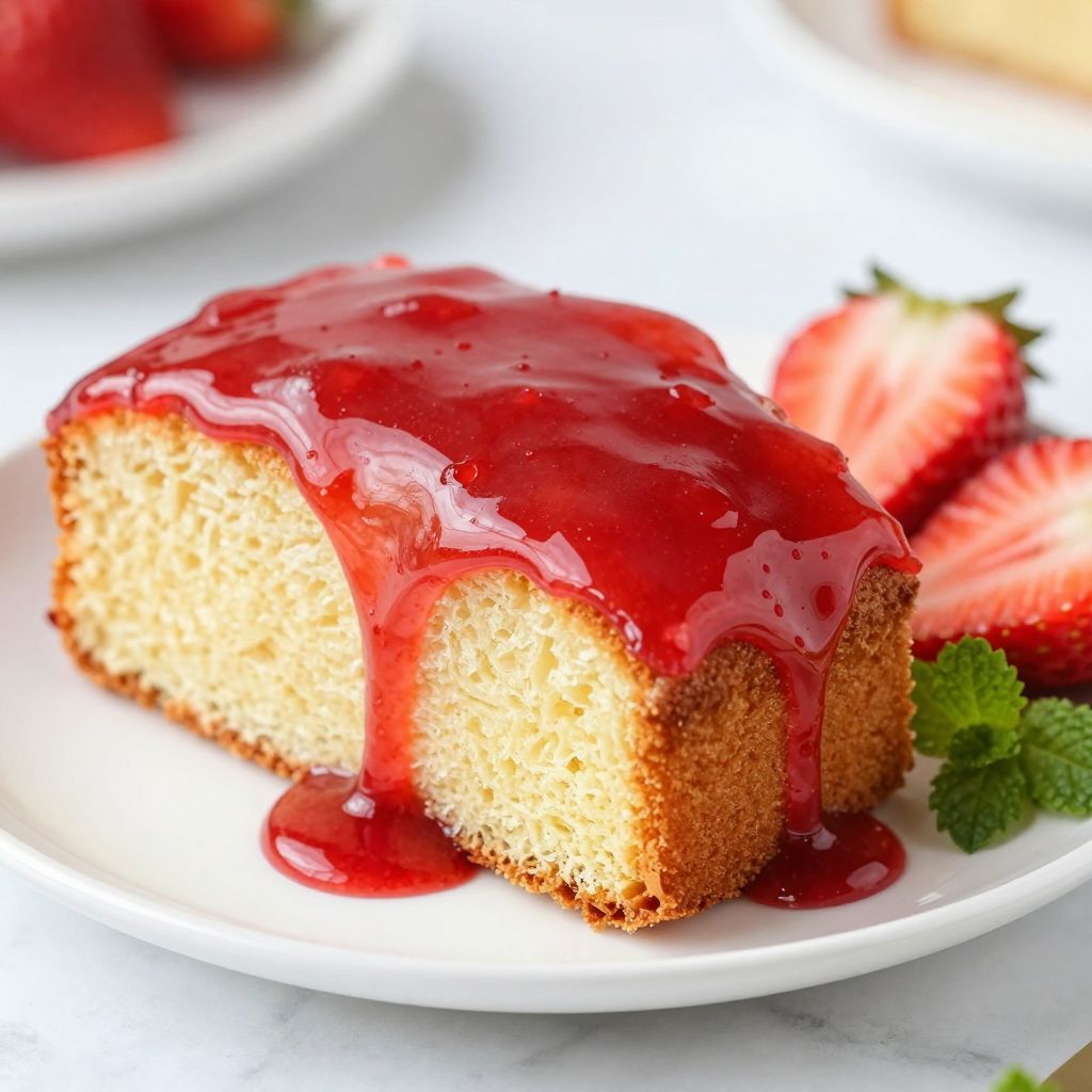 Strawberry glaze drizzled on dessert
