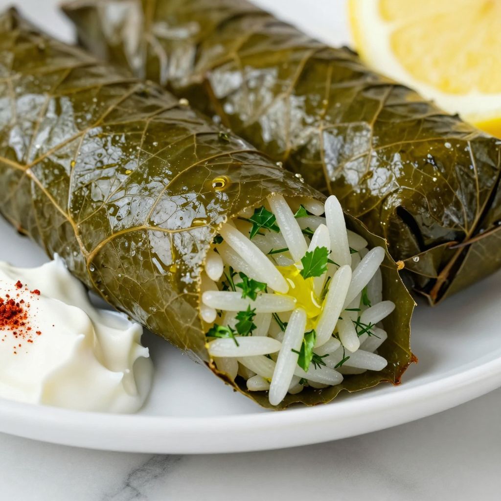 Rolled stuffed grape leaves neatly arranged in a pot