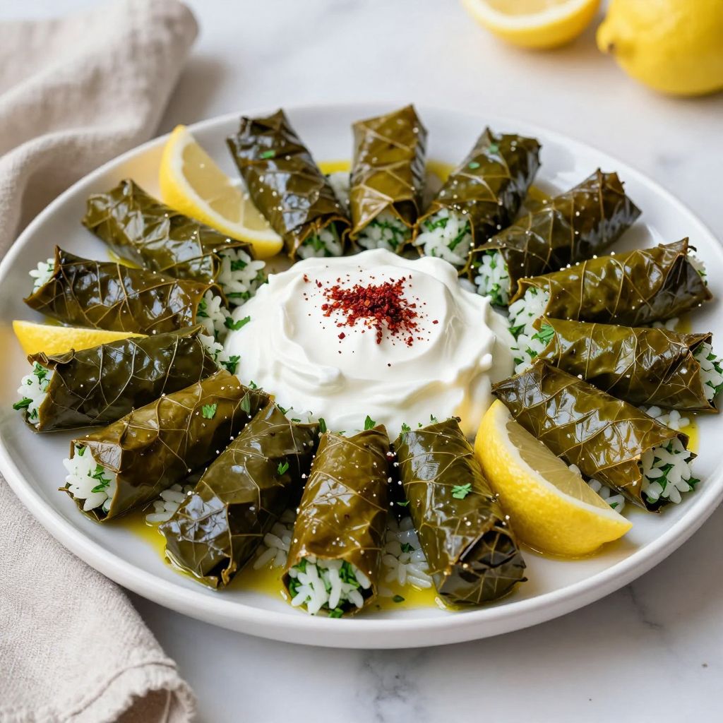 Platter of finished stuffed grape leaves ready to serve