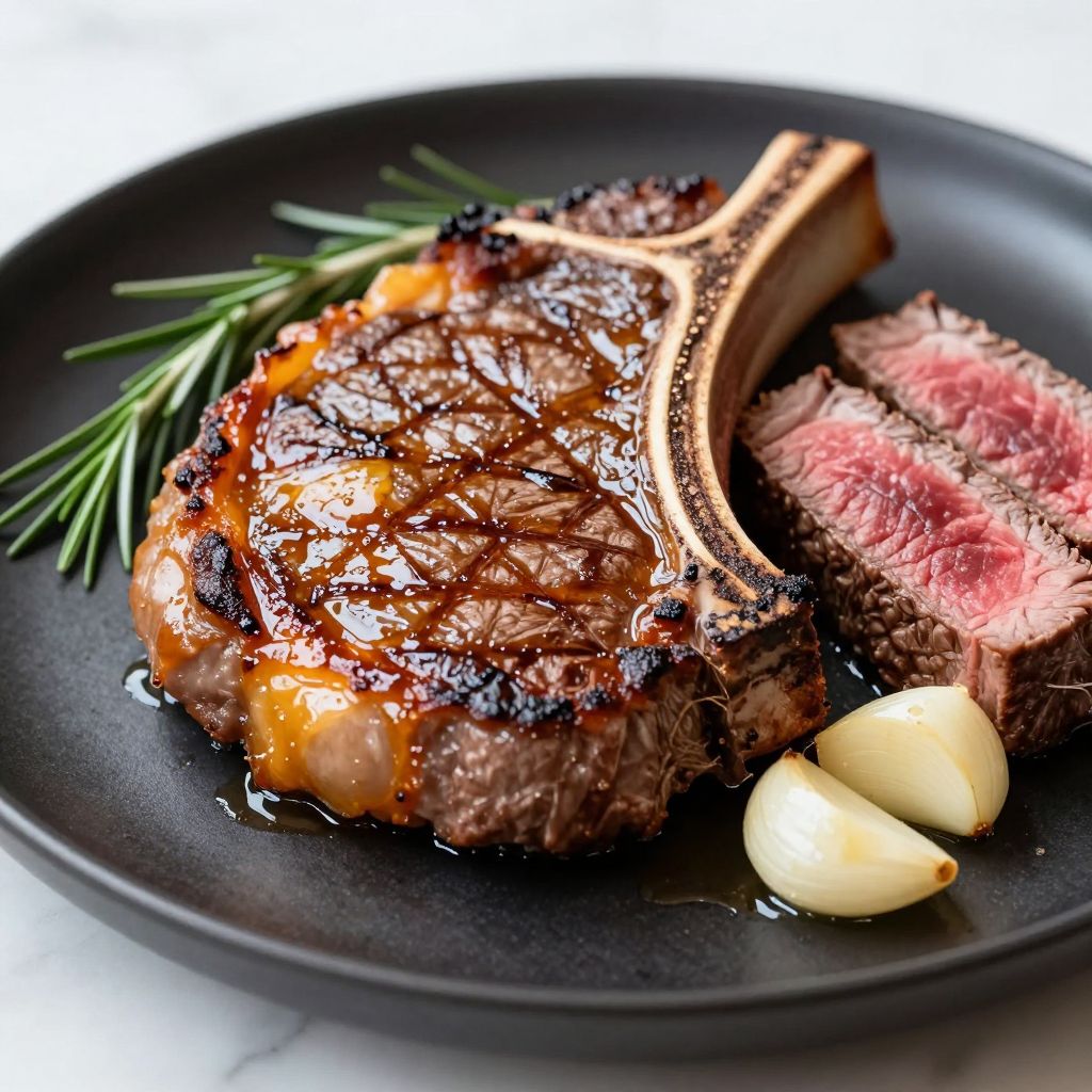 T-bone steak searing in cast iron skillet