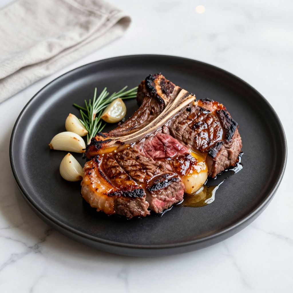 Sliced T-bone steak on serving board