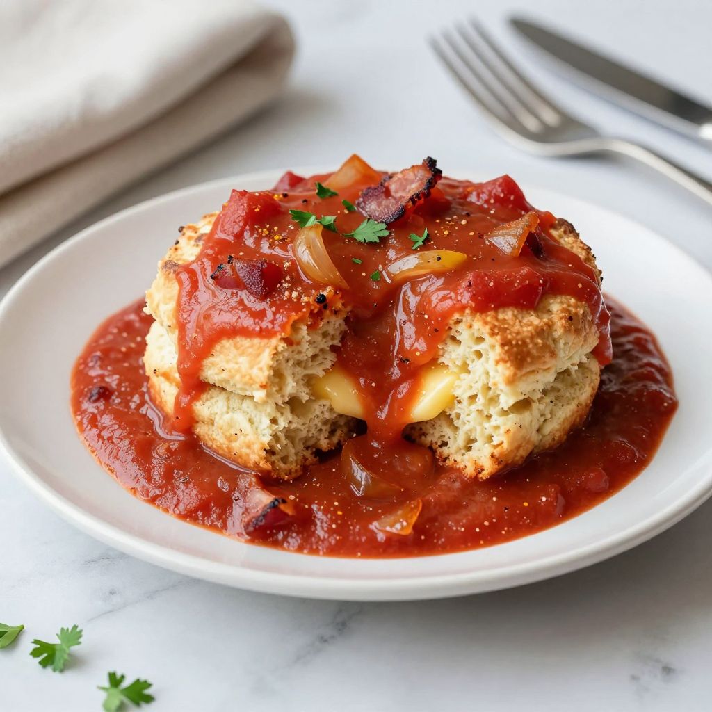 Finished tomato gravy served over biscuits