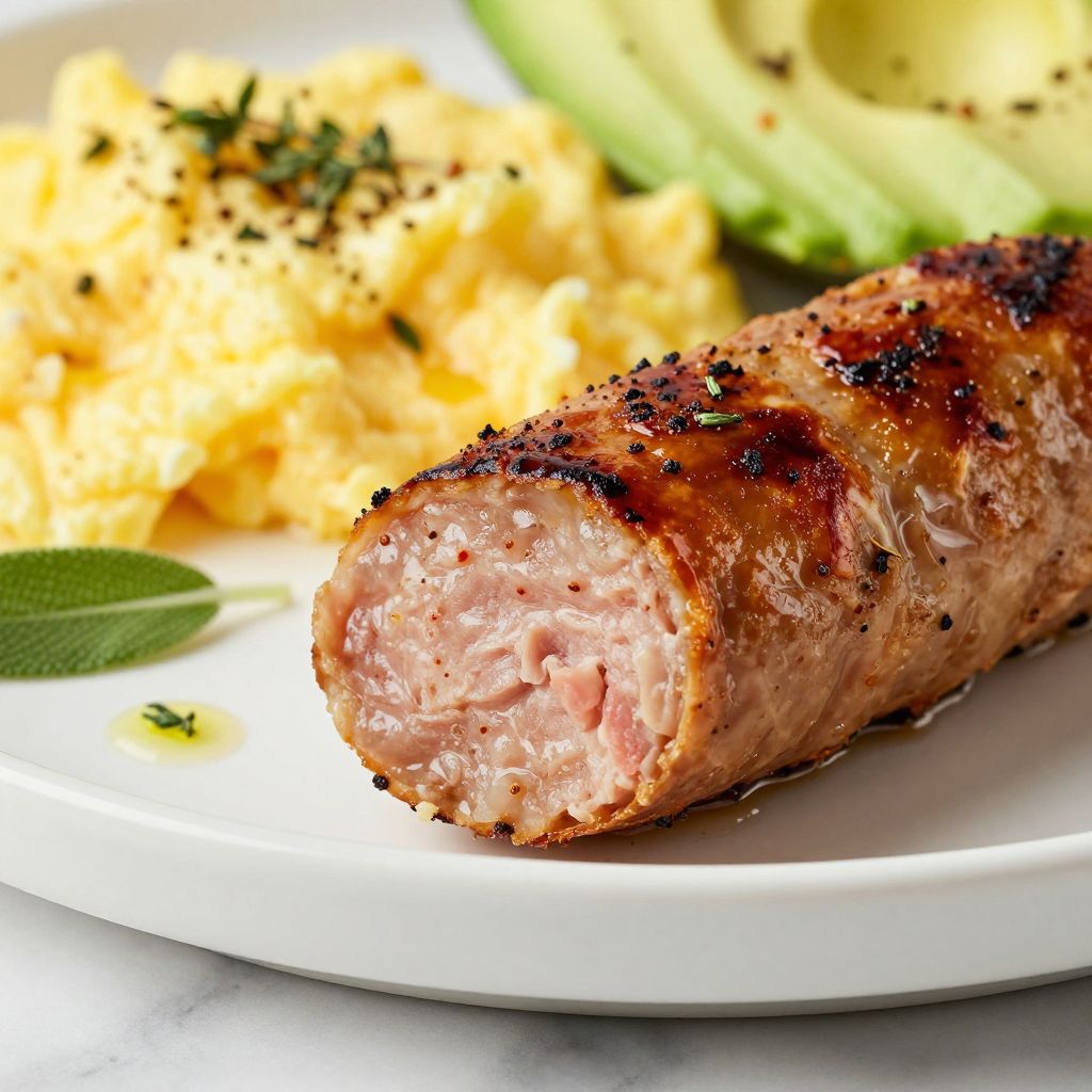 Turkey sausage sizzling in a skillet