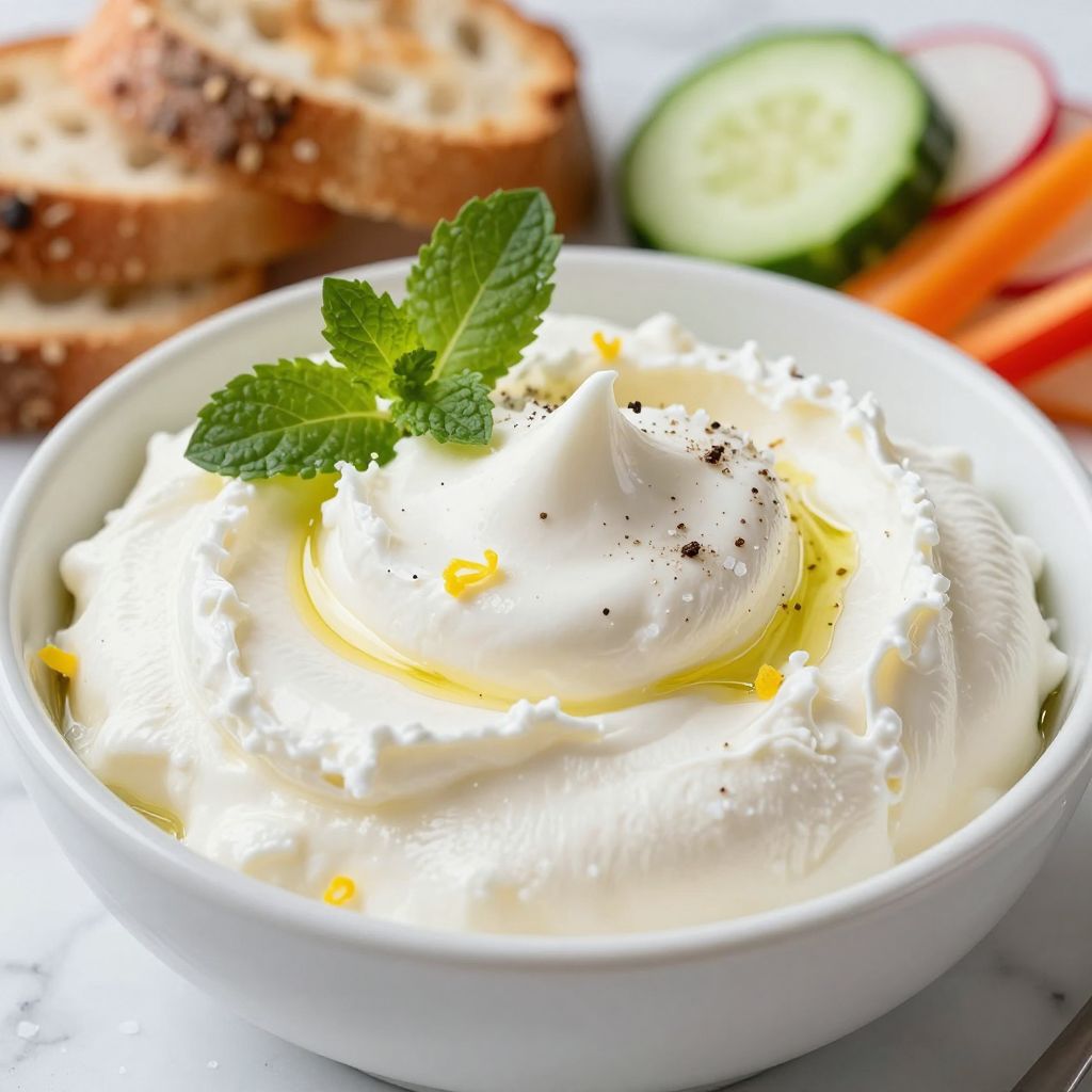 Bowl of whipped ricotta garnished with herbs and olive oil