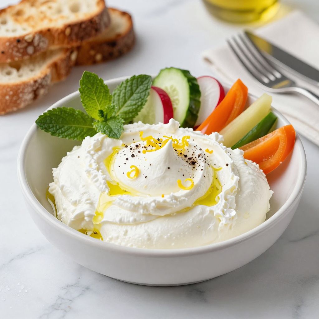 Serving suggestion of whipped ricotta with bread and toppings